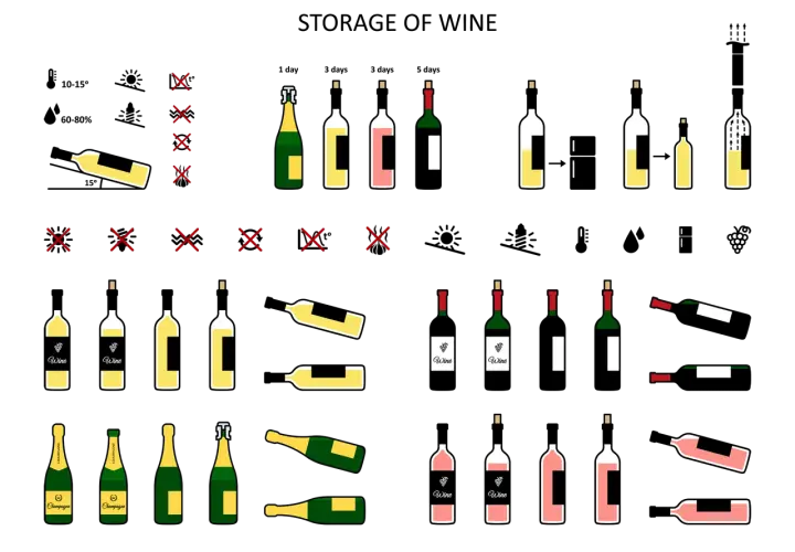 Illustrations de bouteilles de vin et de champagne, certaines couchées, d'autres debout, montrant la **conservation du vin**.