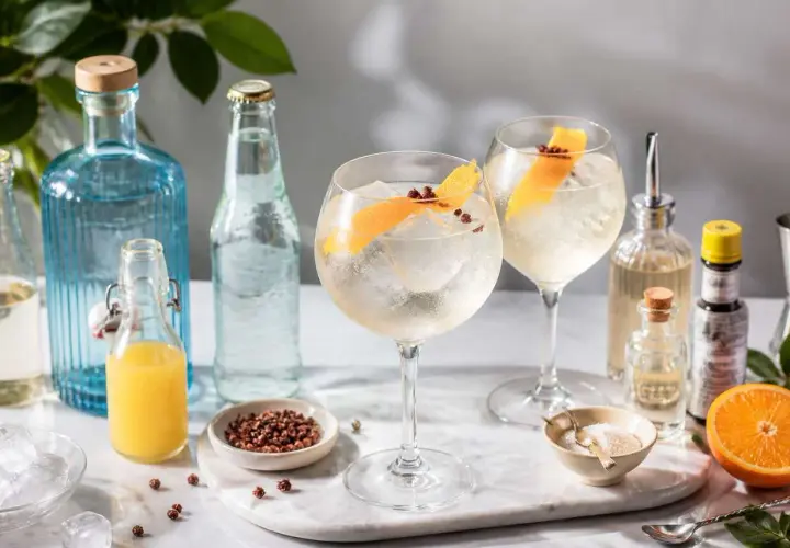 Deux cocktails martini blanc tonic, glacés et garnis d'écorce d'orange, prêts à être dégustés.