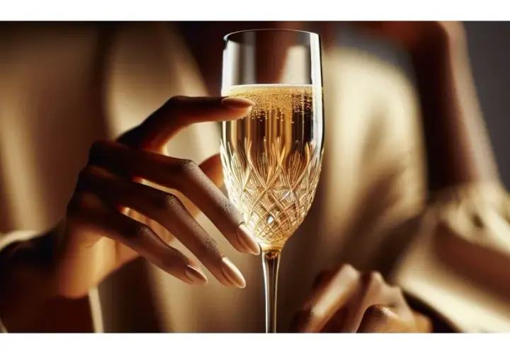 Une main élégante tient une coupe de champagne pétillante, évoquant le plaisir et la célébration. C'est pourquoi on trinque : pour savourer ces instants précieux.