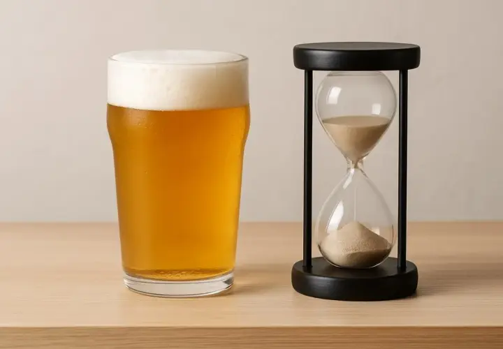 Un verre de bière dorée avec une mousse épaisse à côté d'un sablier. Le temps s'écoule, attention au taux d'alcoolémie.
