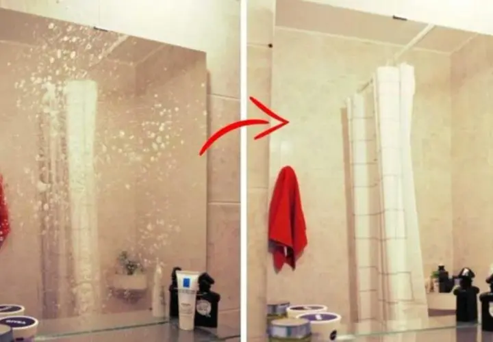 Un miroir de salle de bain, d'abord couvert de mousse, puis propre. Une serviette rouge est accrochée.