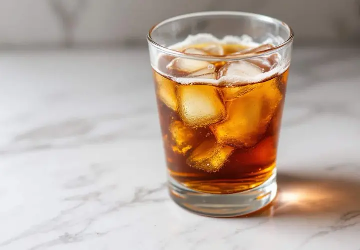 Verre de boisson ambrée avec des glaçons, une boisson rafraîchissante qui peut masquer le tableau taux de sucre dans l'alcool.