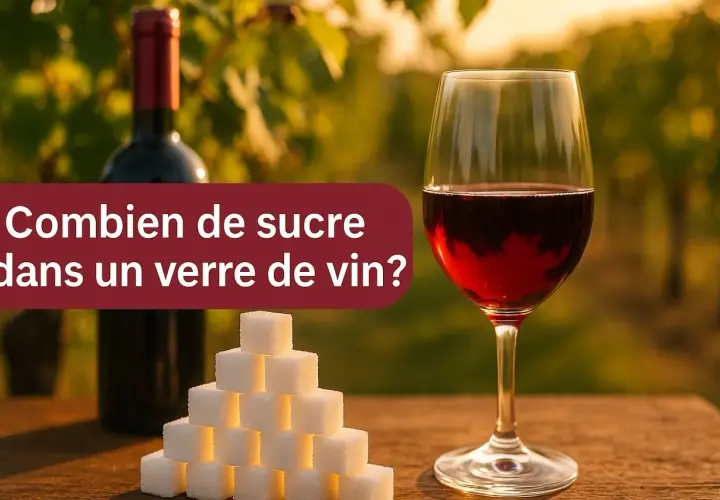 Une pyramide de morceaux de sucre à côté d'un verre de vin rouge et d'une bouteille, avec le texte "Combien de sucre dans un verre de vin?".