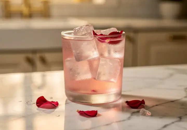 Un délicieux martini rosé, rafraîchi par des glaçons et orné de pétales de rose, sur un comptoir en marbre.