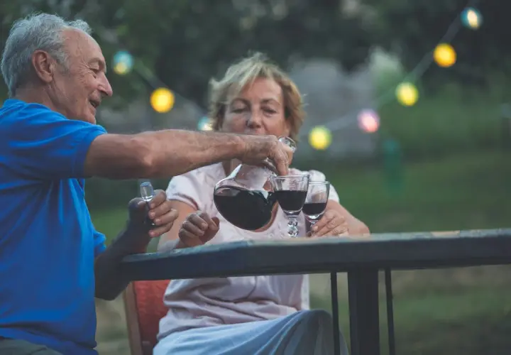 Un couple âgé profite d'un verre de vin par jour dans le jardin, sous des guirlandes lumineuses.