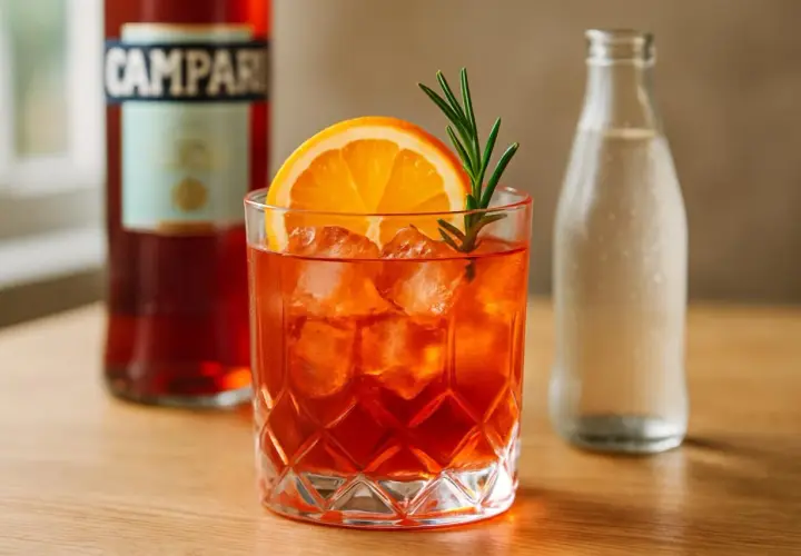 Un verre d'Americano, garni d'une tranche d'orange et d'une branche de romarin, prêt à être dégusté. La recette americano traditionnelle est simple et rafraîchissante.