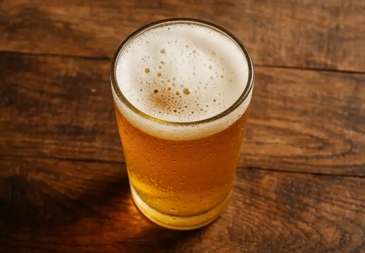 Un verre de bière dorée avec une mousse blanche sur une table en bois. La bière valeur nutritionnelle est un sujet de discussion.