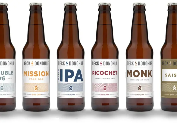 Six bouteilles de bières Deck & Donohue : Trouble, Mission, IPA, Ricochet, Monk, Saison. Difficile de savoir quelle bière choisir ?