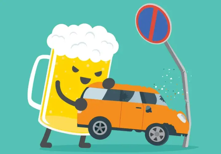 Une chope de bière, symbole d'un taux d'alcoolémie élevé, percute une voiture contre un panneau d'interdiction de stationner.