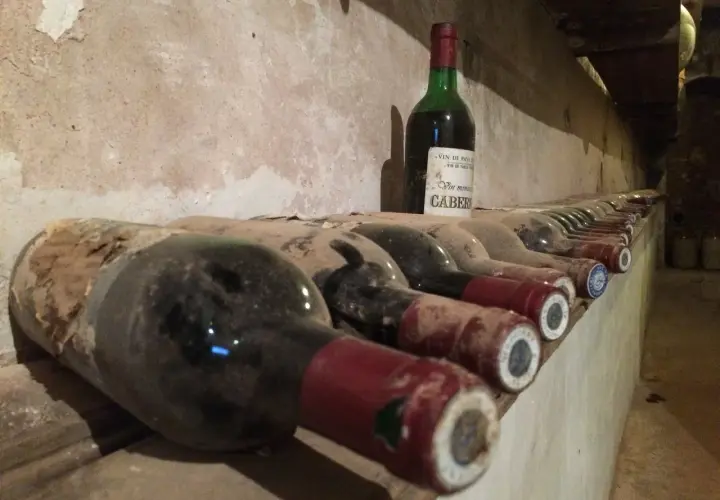 Des bouteilles de vin poussiéreuses s'alignent dans une cave. Combien de temps pour éliminer une bouteille de vin ? La réponse dépend de la patience du dégustateur.