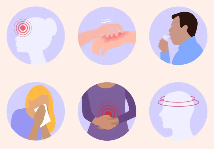Symptômes d'une allergie à la bière : maux de tête, éruptions cutanées, toux, nez qui coule, douleurs abdominales et vertiges.