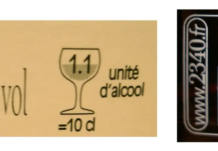 Étiquette de vin indiquant 13% vol et 1.1 unité d'alcool pour 10 cl. Une bouteille affiche 1.6 unité d'alcool.