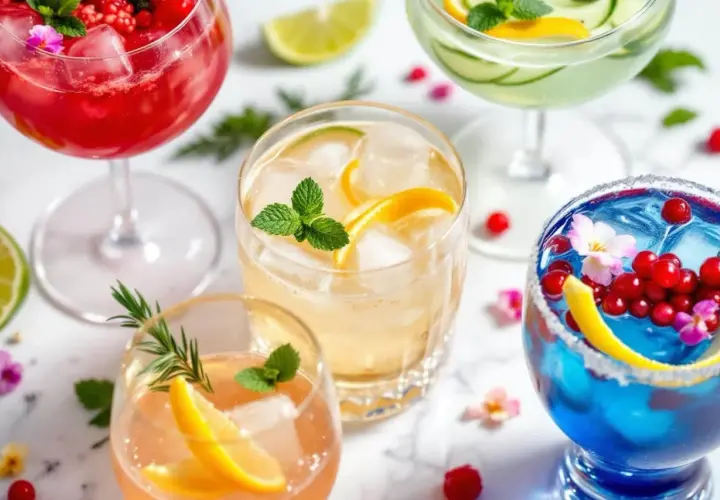 Cinq cocktails colorés, garniture de fruits et menthe, prêts pour une fête. Un cocktail 5 alcool pour tous les goûts.