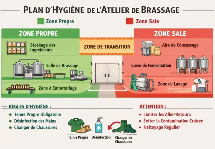 Plan d'hygiène d'un atelier de brassage : zones propres (stockage, salle de brassage, embouteillage) et sales (concassage, cuves de fermentation, lavage), avec règles d'hygiène pour la bière à fermentation haute.