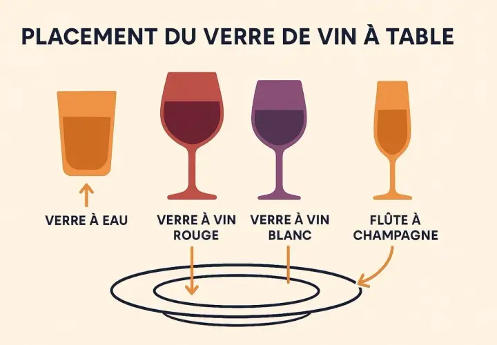 Disposition des verres à table : verre à eau, verre à vin rouge, verre à vin blanc et flûte à champagne.
