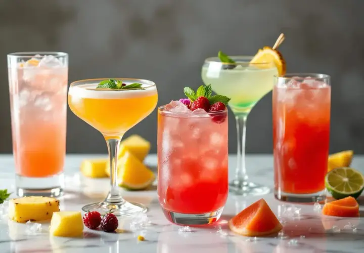 Cinq cocktails colorés, parfaits pour un cocktail été, garnissent la table avec des fruits frais et de la glace.