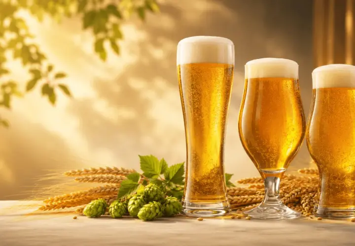 Trois verres de bière dorée, mousseuse, entourés d'épis de blé et de houblon. Les ingrédients de la base de la bière, baignés d'une lumière chaude.