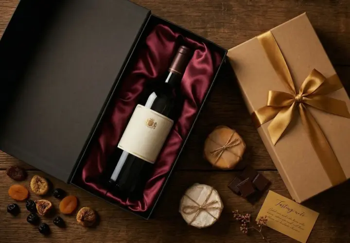 Un coffret cadeau élégant avec une bouteille de vin, des fruits secs et du chocolat, prêt à être offert par Jean-Claude Boisset.