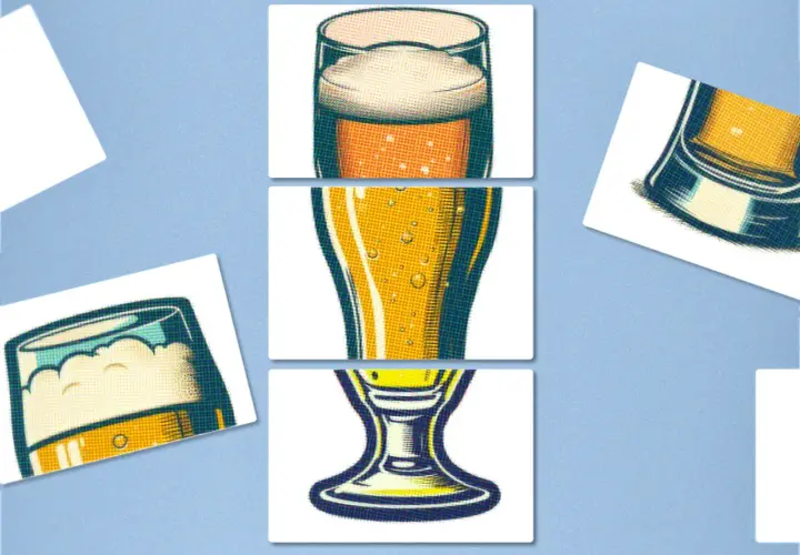 Trois verres de bière, dont une bière sour, illustrés dans un style rétro, sur fond bleu.