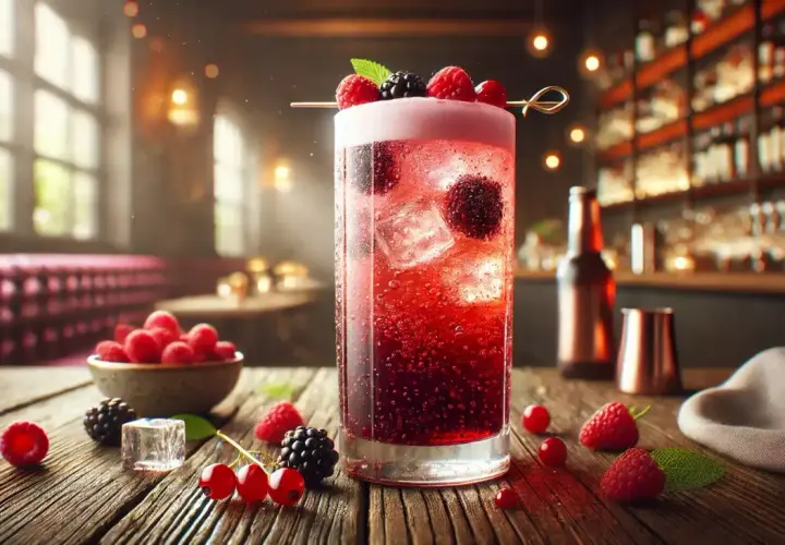 Un cocktail bière pétillant aux fruits rouges, garni de framboises et mûres, sur une table en bois.