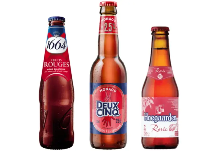 Trois bières peu alcoolisées : 1664 Fruits Rouges, Monaco Deux Cinq et Hoegaarden Rosée.