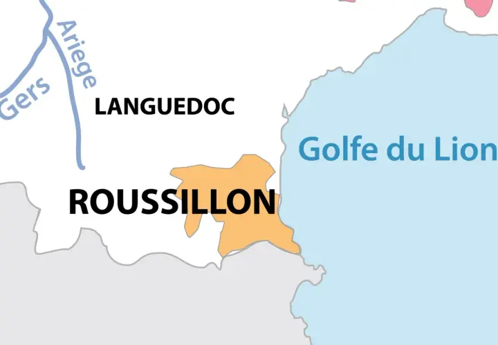 Carte de France montrant le Roussillon, le Languedoc et le Golfe du Lion.