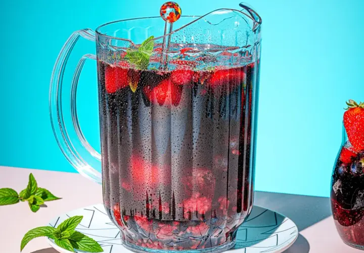 Un pichet de sangria maison pétillante, rempli de fruits rouges et de menthe, prêt à rafraîchir.