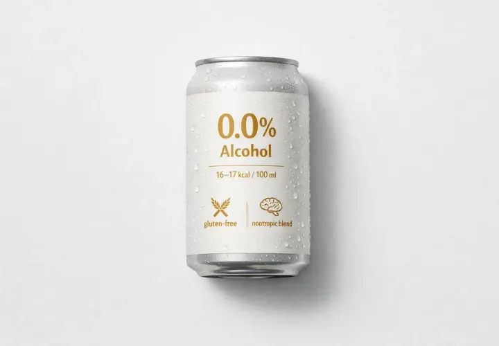 Canette de bière IPA sans alcool, 0.0%, 16-17 calories par 100 ml, sans gluten, avec un mélange nootropique.