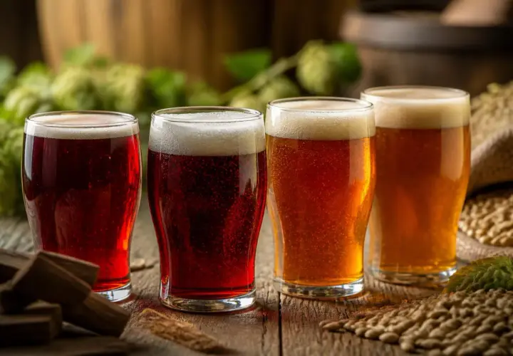 Quatre verres de bière, dont deux bières rouges foncées, sur une table en bois avec du houblon et du malt en arrière-plan.
