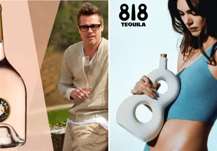 Bouteille de vin rosé Miraval, Brad Pitt avec un verre, et une bouteille de tequila 818. Le vin de Georges Clooney est aussi présent.