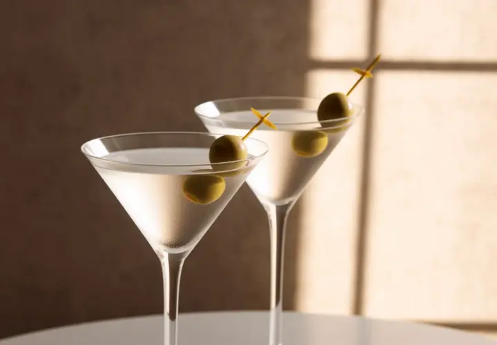 Deux dry martini glacés, décorés d'olives vertes, prêts à être dégustés. Une recette simple pour un cocktail parfait.