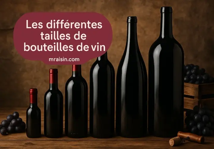 Cinq bouteilles de vin noir de tailles différentes, du plus petit au plus grand, présentées en ordre. Des grappes de raisin et un tire-bouchon complètent la scène.