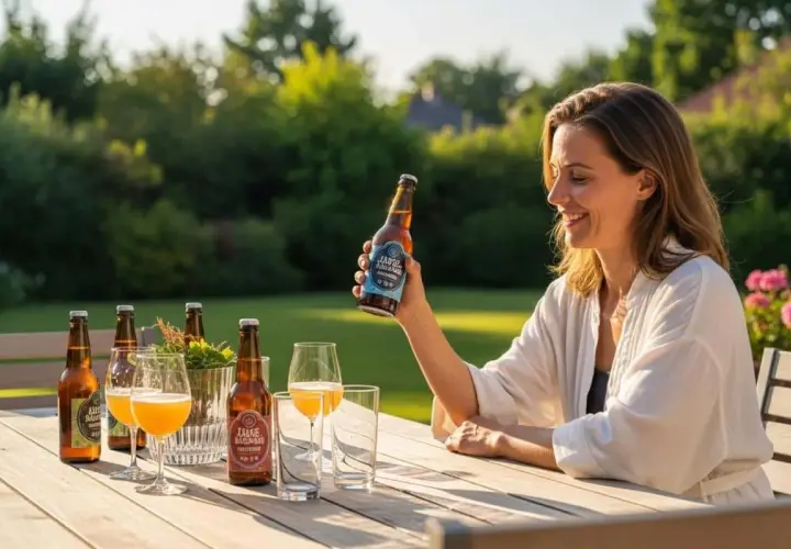 Une femme souriante tient une bouteille de bière Tourtel Twist, prête à partager un moment convivial en terrasse.