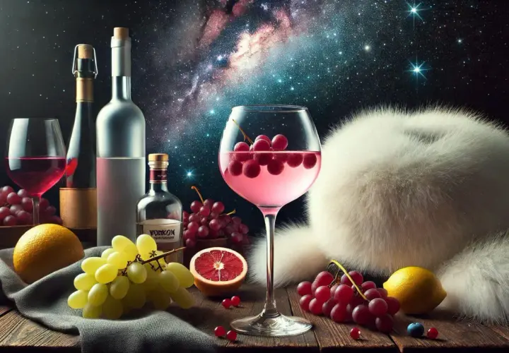 Un cocktail rosé avec des raisins, du vin blanc, de la vodka et des fruits, sur fond de ciel étoilé.