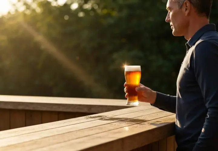 Un homme tient un verre de bière ambrée, éclairé par le soleil. La question est : est ce que la bière sans alcool fait grossir ?