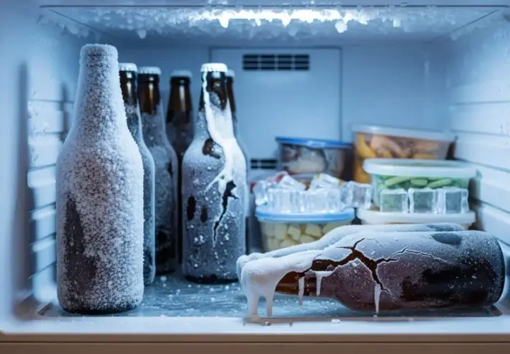 Bouteilles de bière gelées dans un congélateur. La température est si basse que la bière est recouverte de givre et une bouteille est fissurée par le froid.