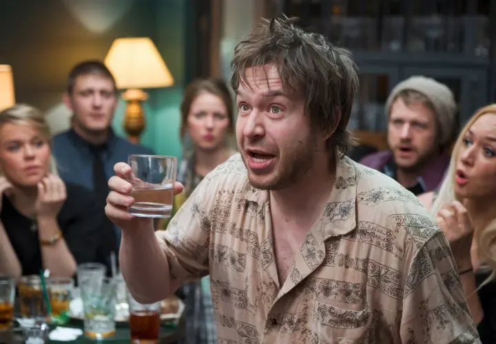 Un homme tient un verre d'eau, expliquant comment faire baisser l'alcool à ses amis surpris lors d'une soirée.
