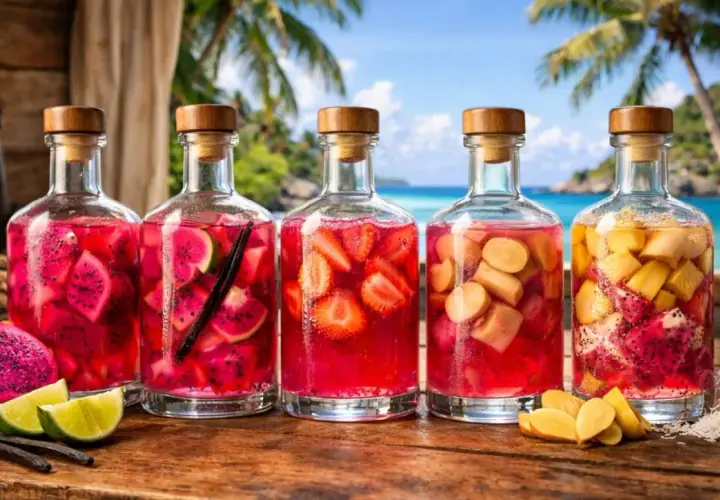 Cinq bouteilles de **cocktail rhum fraise ananas** infusé de fruits tropicaux, sur fond de plage paradisiaque.