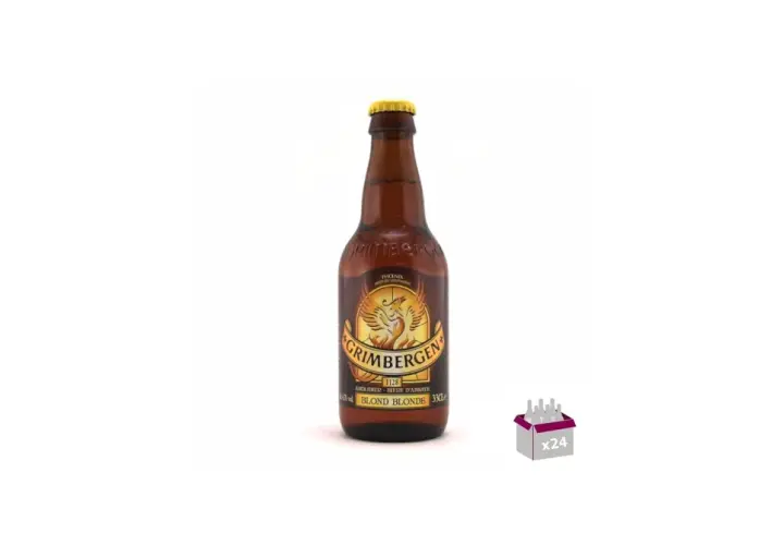 Bouteille de bière Grimbergen Blonde, 6.7% vol. Un carton de 24 est visible à droite.