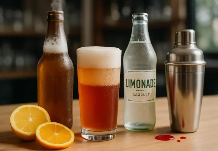 Un verre de monaco pétillant, une bière, une limonade gazeuse, des citrons et un shaker sur un bar en bois.