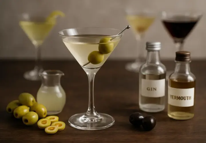 Un dry martini cocktail, garni de deux olives, prêt à être dégusté. Des bouteilles de gin et de vermouth sont à proximité.