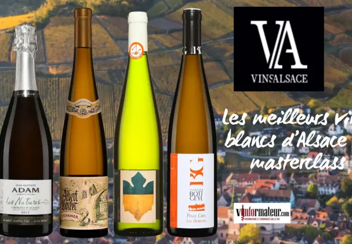 Quatre bouteilles de vin d'Alsace, dont un Albert Boxler Sylvaner, sur fond de vignobles.
