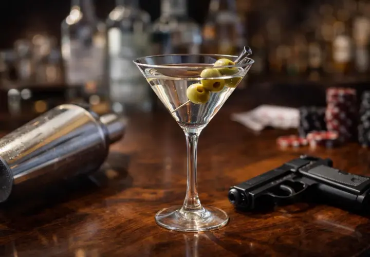 Un verre de martini, un shaker, des jetons de casino et un pistolet sur un bar en bois. L'ambiance parfaite pour un apéro James Bond.