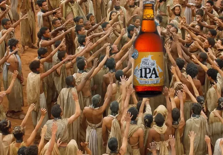 Une foule tend les bras vers une bière IPA sans alcool, comme si c'était une offrande.