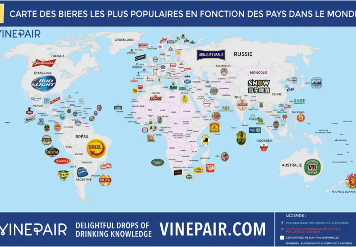 Carte des bières les plus populaires par pays. Bud Light est la bière la plus consommée au monde, visible aux États-Unis.