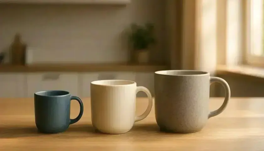 Trois récipients pour boissons, illustrant la différence tasse et mug : un petit bleu, un beige moyen, et un grand gris moucheté.