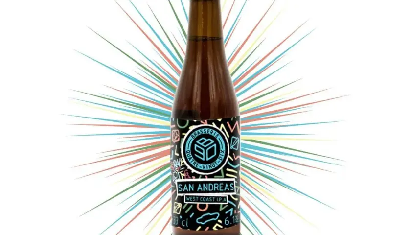 Bouteille de bière San Andreas West Coast IPA, avec un design explosif et coloré.