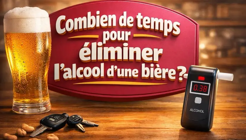 Un verre de bière, des clés de voiture et un éthylotest. Le message interroge sur le temps d'élimination de l'alcool.