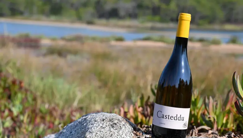Bouteille de vin blanc du **domaine de Saparale** posée sur un rocher, avec un paysage de rivière et de végétation en arrière-plan.