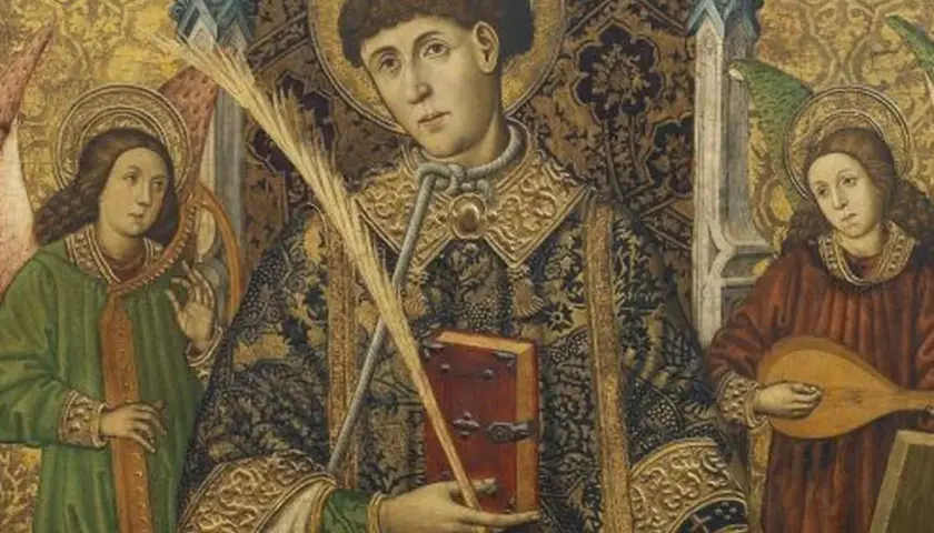 Saint Vincent, auréolé, tient un livre et une palme. Deux anges l'accompagnent, l'un jouant du luth. Une œuvre d'art datant de saint Vincent.